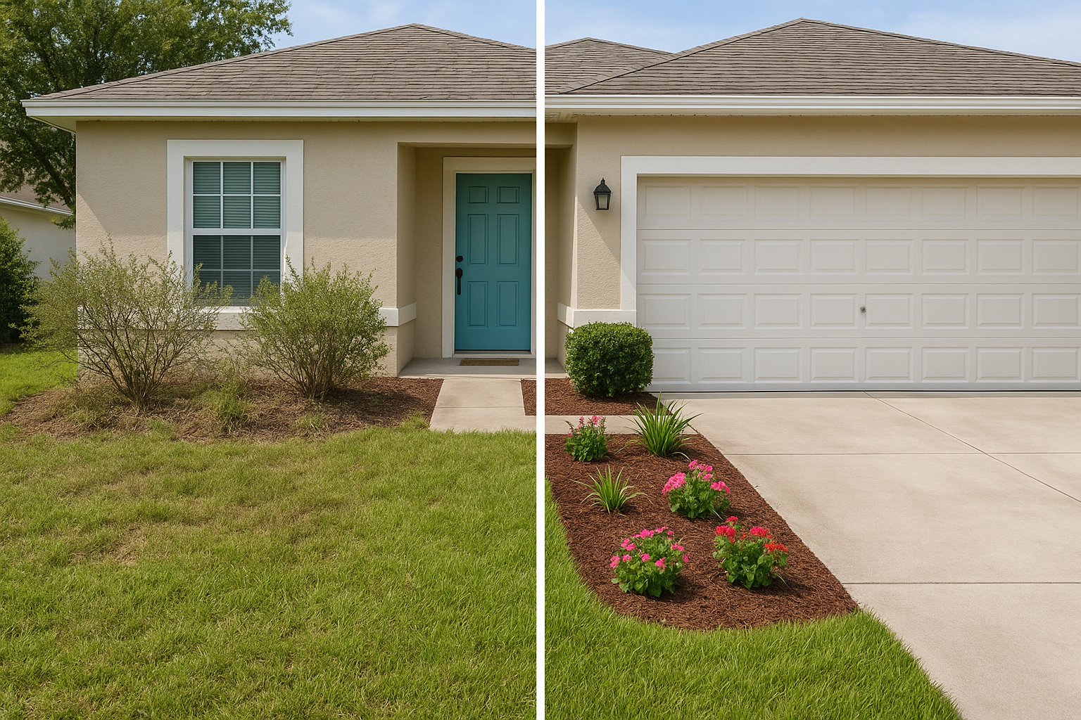 Front yard landscaping transformation with fresh mulch and plants