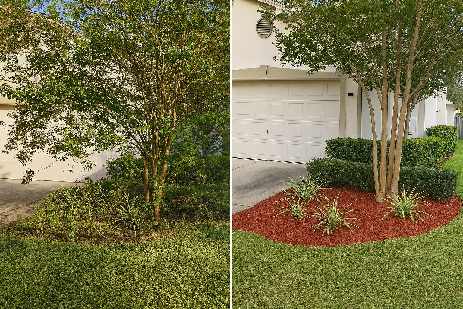 Side yard mulch installation with decorative plants